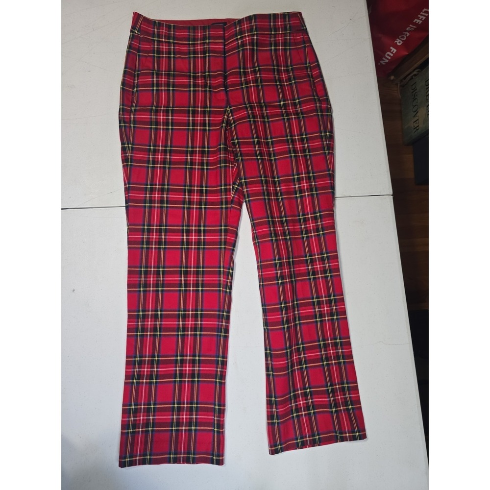J. Crew Kelsey Mid Rise Flare Plaid Trouser Pant Stretch Pockets 8 Holiday Red